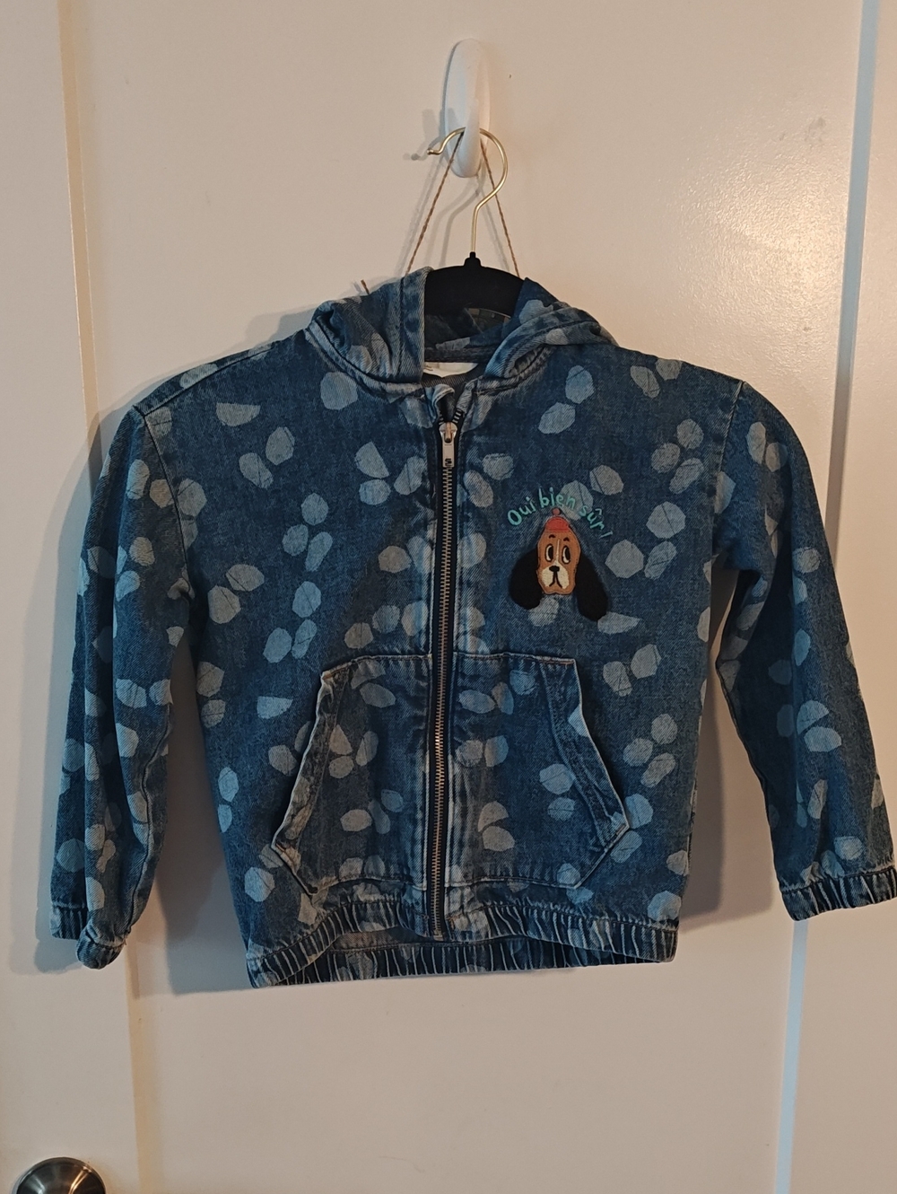 H&M Blue Denim Hooded Zip Jacket with Dog Embroidery
